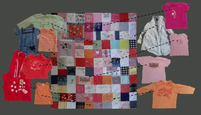 Montage démontrant où on retrouve des vêtements utilisé sur un plaid patchwork personnalisé de type "Souvenirs d'enfance"